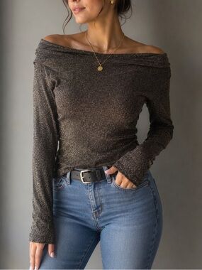 213 Brown Gold Metallic Off Shoulder Knit Top Women’s Small Y2K